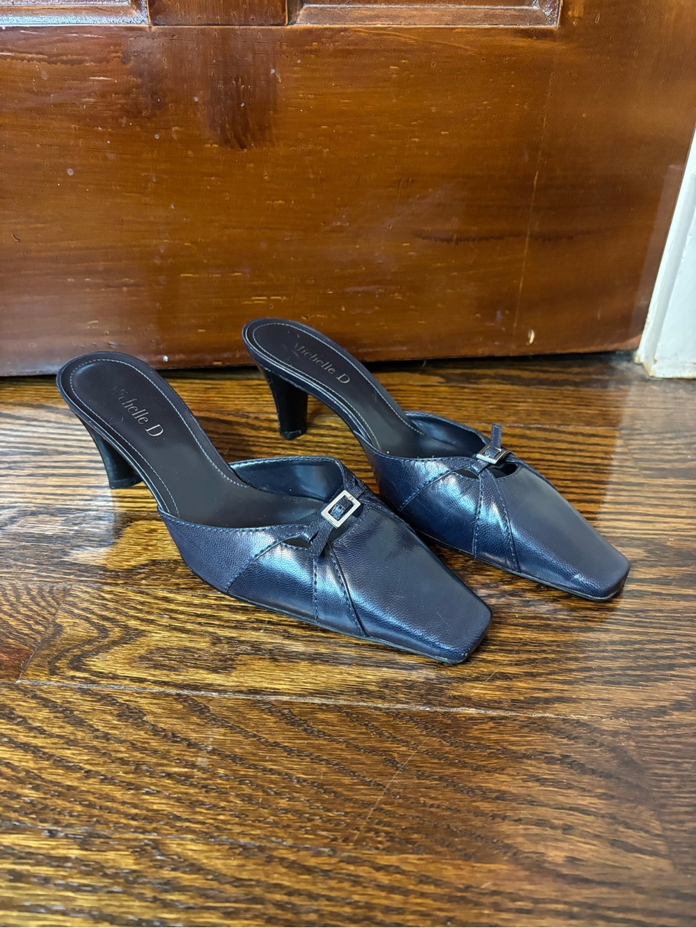 blue kitten heel mules with buckle detail, heels (brand Michelle D)